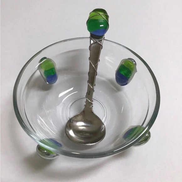 Art Glass Condiment Dish Blue Green Pebble Wire Wrapped Spoon Sea KIG Indonesia - Picture 12 of 12